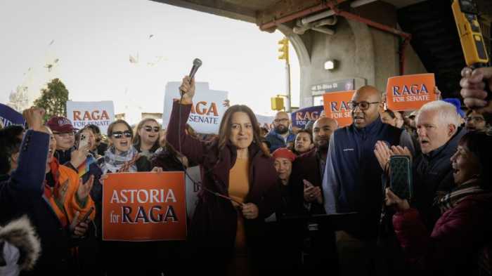 Assembly Member Catalina Cruz endorses Assembly Member Steven Raga (pictured) in Sunnyside on Saturday. Photo via Raga campaign.