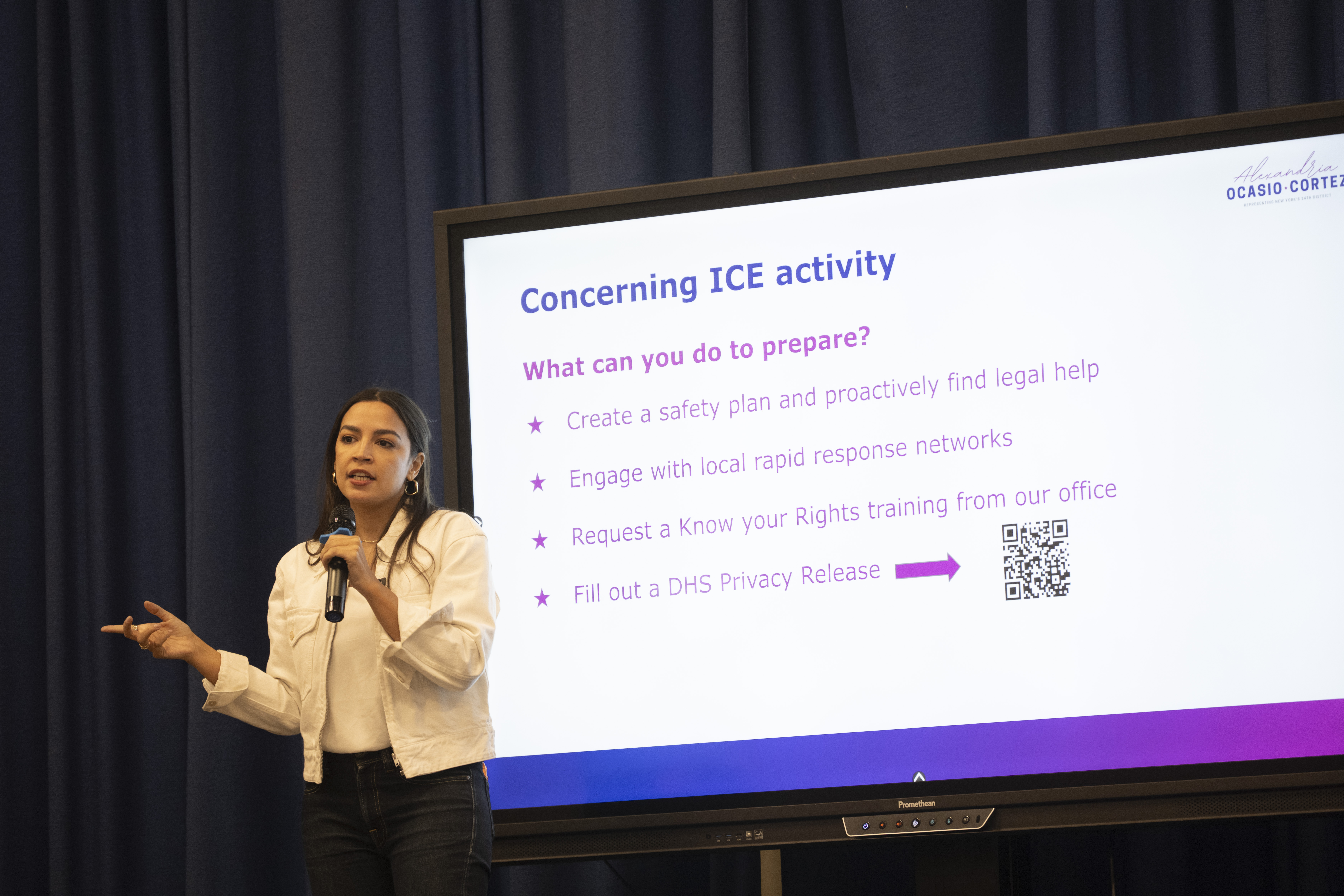 U.S. Rep Alexandria Ocasio-Cortez holds a town hall at I.S. 10 Horace Greeley in Astoria. Photo by Lloyd Mitchell.