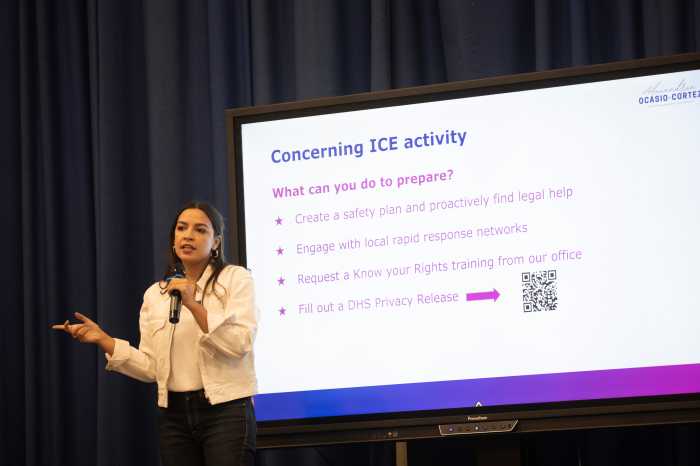 U.S. Rep Alexandria Ocasio-Cortez holds a town hall at I.S. 10 Horace Greeley in Astoria. Photo by Lloyd Mitchell.