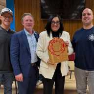 Nick Pugliese, UFOA President Jim Brosi, Council Member Joann Ariola with the plaque from the Lieutenant Eligibles Association, and Paul Porcello during last month's meeting of the FDNY Columbia Association.