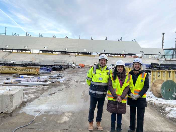 Ung, O'Sullivan and City Football Group Chief of Infrastructure Jon Stemp tour Etihad Park. Photo via Council Member Sandra Ung. 
