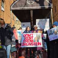 Bronstein tenants Sonu Kumari and Yvette Janis-Allen speak at a rally outside 42-09 47th Ave. to demand repairs in the building. Photo by Shane O'Brien.