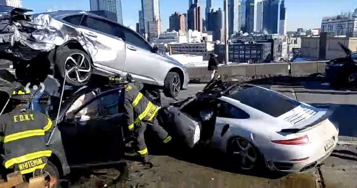 Nine vehicles were involved in a massive crash on the Long Island Expressway in the Blissville section of Long Island City on Friday, Feb. 27.
