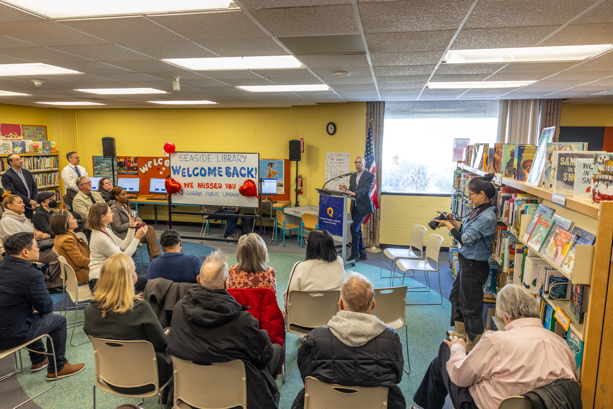 Walcott delivers welcoming remarks to Rockaway residents following a 20-month closure. 