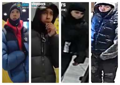 Cops are looking for the four suspects who allegedly pulled knives on a man and beat him with a baseball bat and chair during a gang assault inside a Flushing McDonald's.