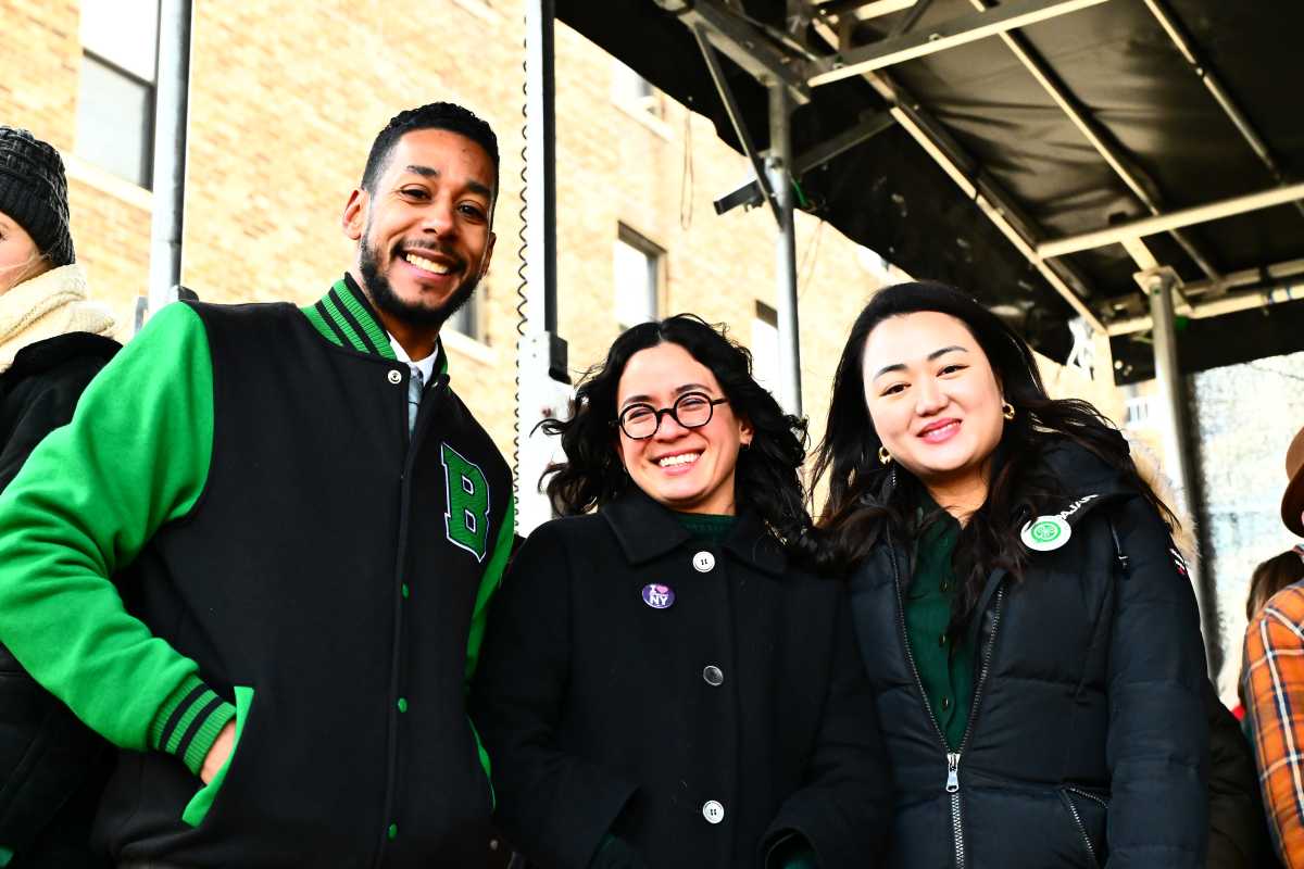 NY-7 candidates Antonio Reynoso, Claire Valdez and Julie Won at Sunday's St. Pat's for All Parade on March 1. The race is one of the key political races to watch in western Queens this year. Photo by Ramy Mahmoud.