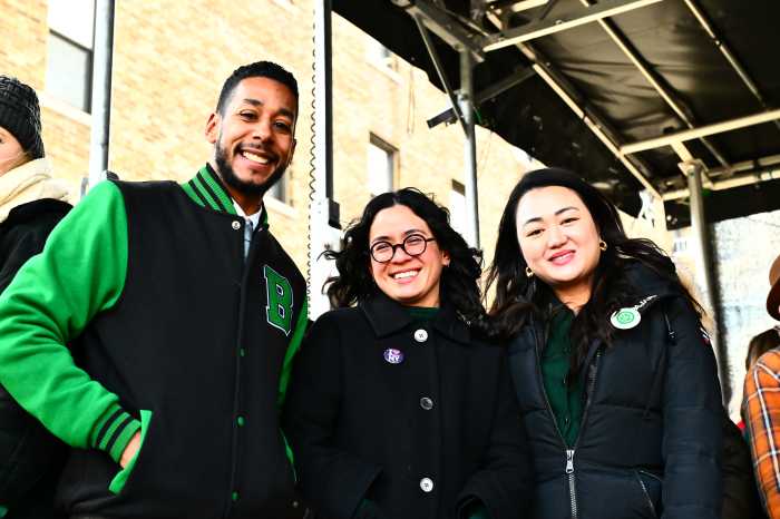 NY-7 candidates Antonio Reynoso, Claire Valdez and Julie Won at Sunday's St. Pat's for All Parade. Photo by Ramy Mahmoud.