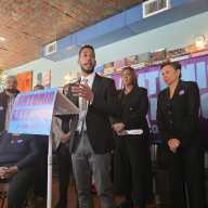 Brooklyn Borough President Antonio Reynoso speaks at La Flor in Woodside after New York State Attorney General Letitia James endorsed his campaign. Photo by Shane O'Brien.