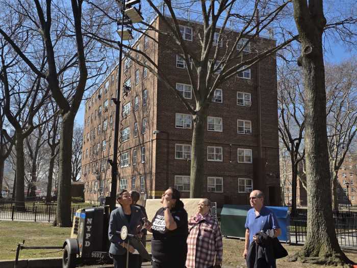 Christina Chaise speaks in the shadow of an NYPD lighting tower. Photo by Shane O'Brien.