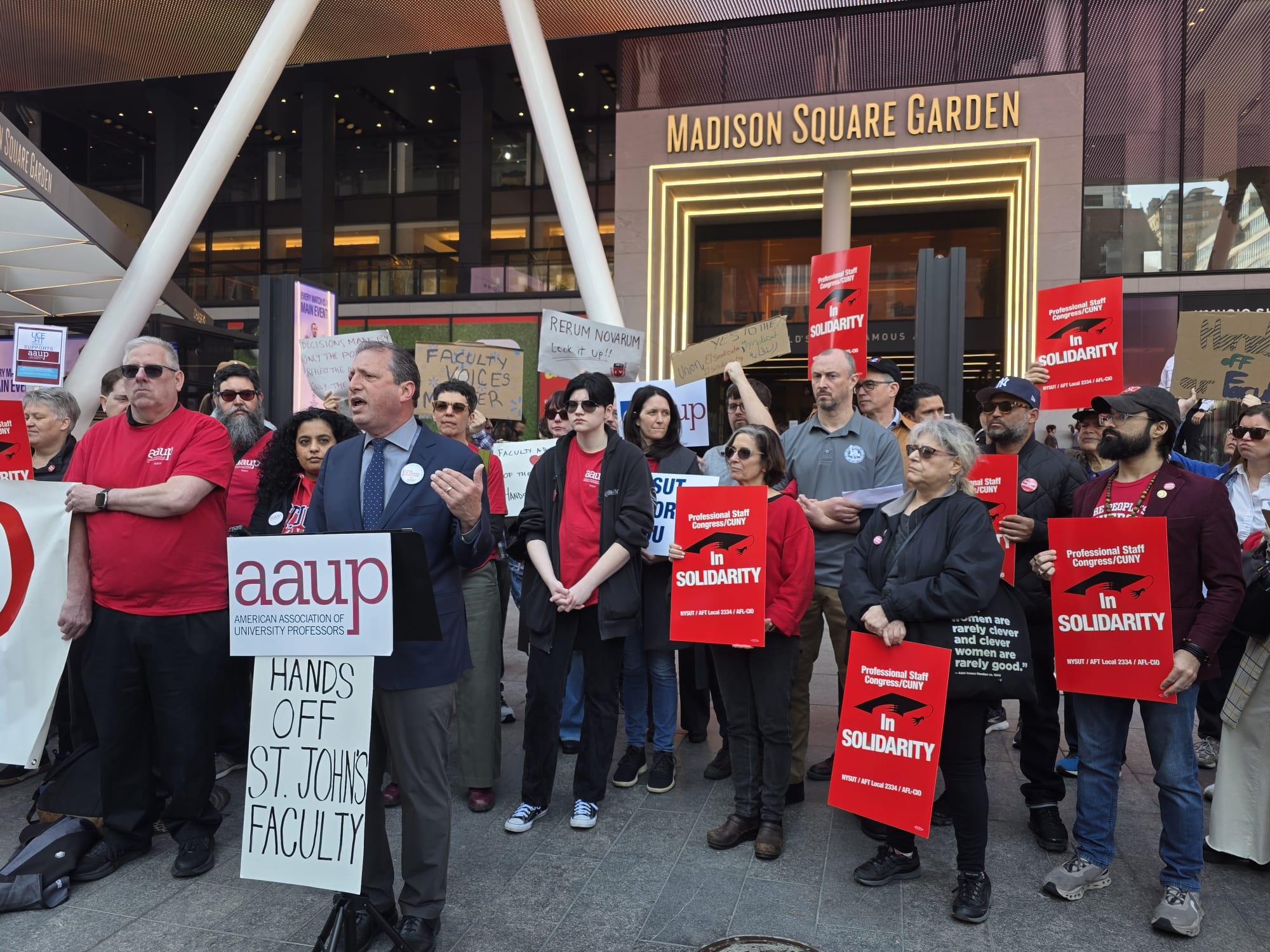 Former City Comptroller Brad Lander speaks at a St. John's faculty rally outside Madison Square Garden on Wednesday, March 11.