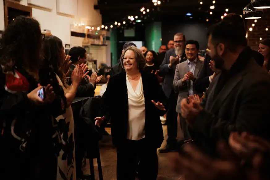 Catherine Nolan received a standing ovation during a rare appearance at Sanger Hall in Sunnyside in January 2024. 