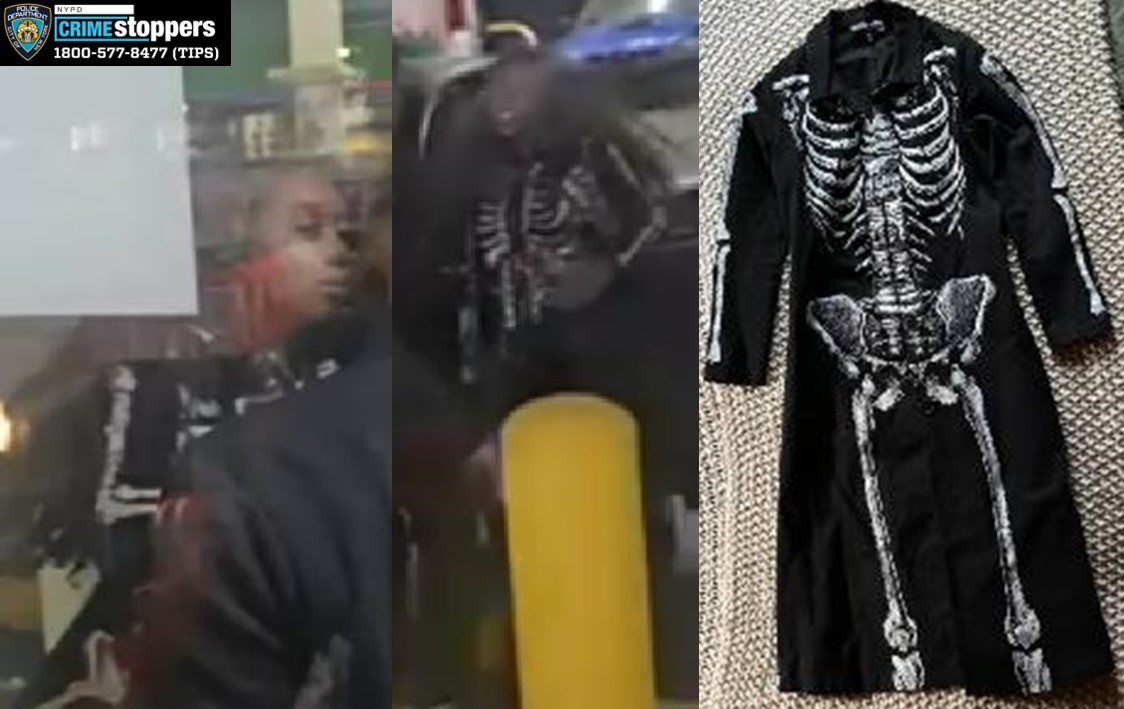 Cops are looking for this woman who wore a black coat with a skeleton design on it when she and her male companion attacked an elderly worker at a Hillside Avenue gas station.