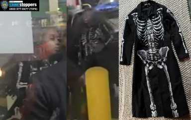 Cops are looking for this woman who wore a black coat with a skeleton design on it when she and her male companion attacked an elderly worker at a Hillside Avenue gas station.
