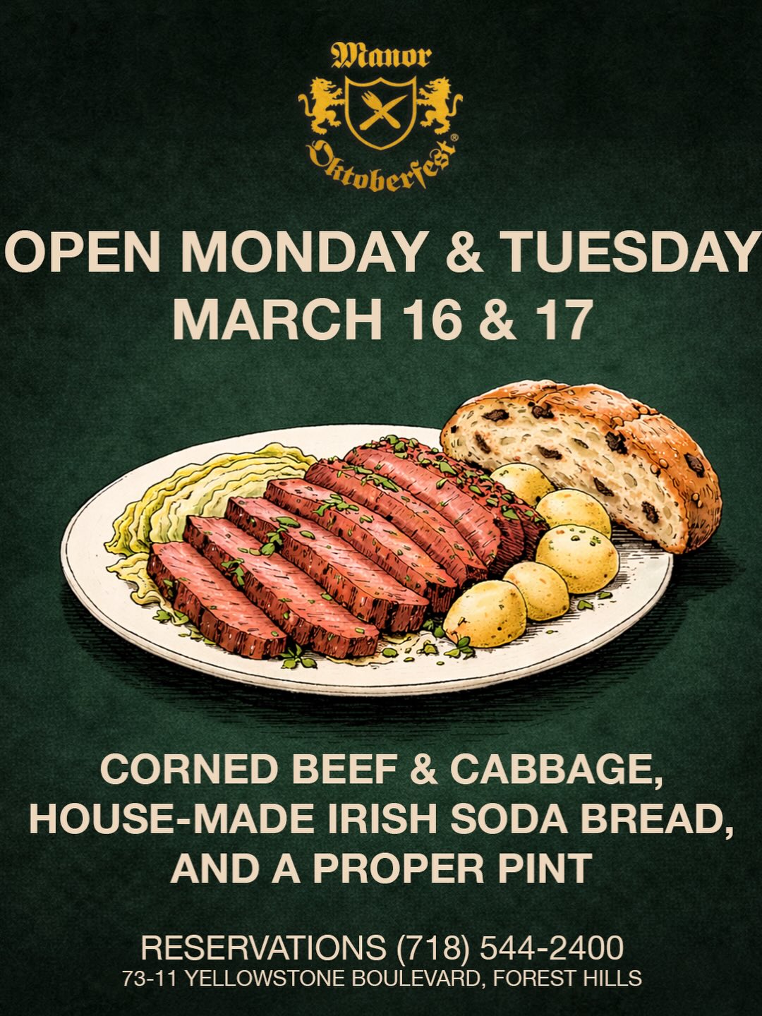 An advertisement for the St. Patrick's Day Dinner, scheduled for Monday, March 16 and Tuesday, March 17.