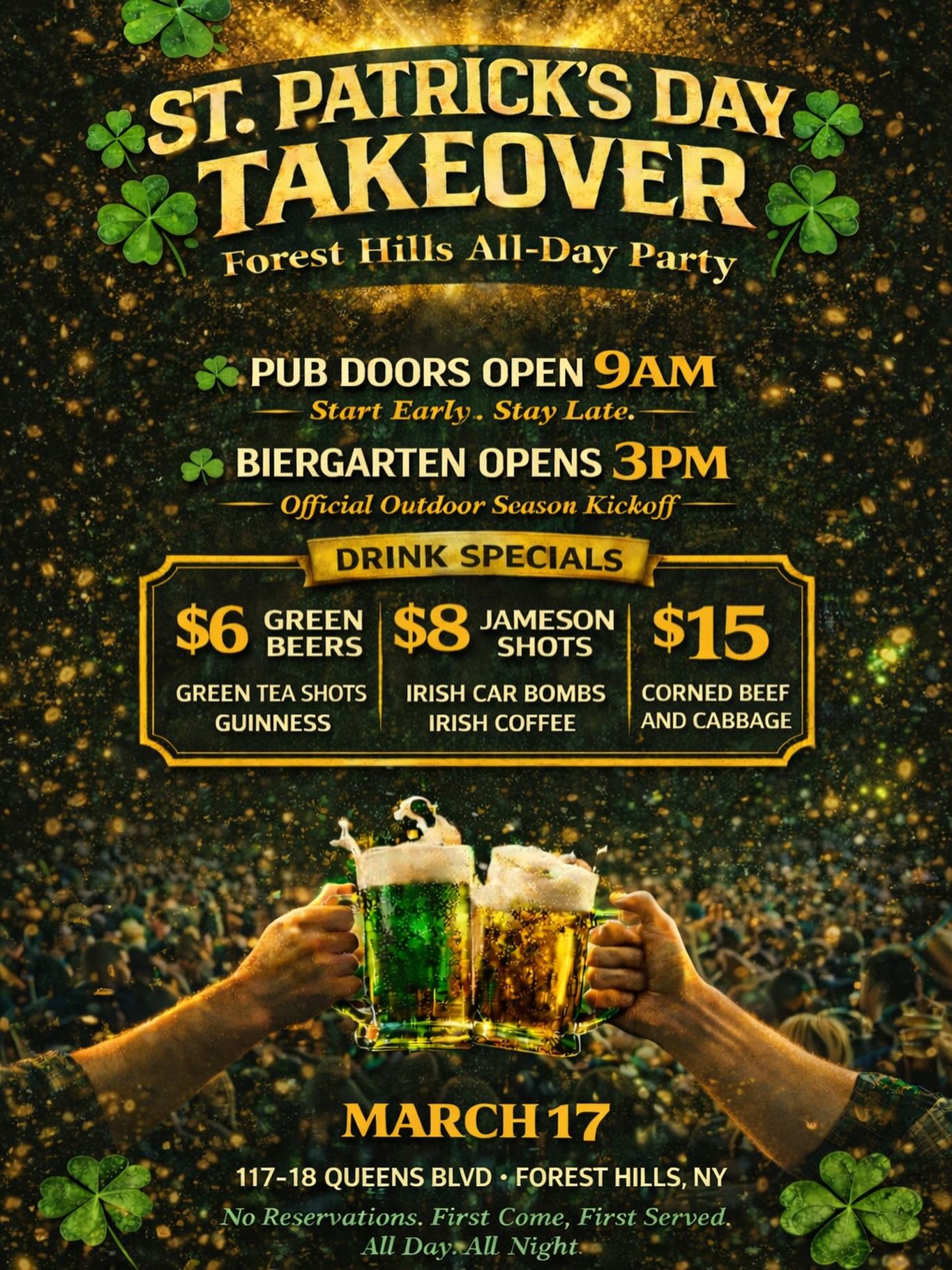 An advertisement for the St. Patrick's Day Takeover at Cobblestones Pub and Biergarten in Forest Hills, scheduled for Tuesday, March 17.